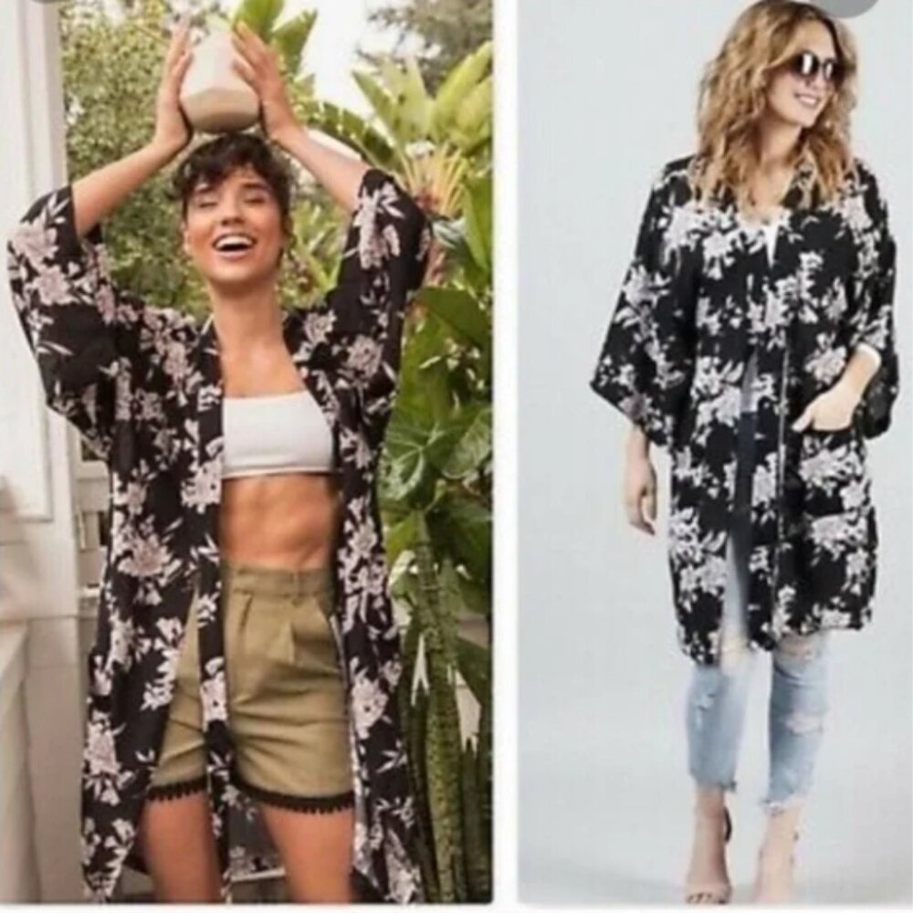 Spirtual Gangster Black Floral Rayon Kimono - Picture 1 of 16